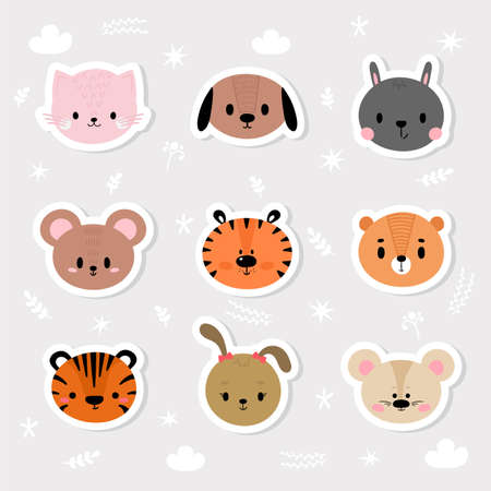 Set of cartoon stickers with animals for kids. Cute hand drawn characters. Sweet smiley faces. Vector illustrationのイラスト素材