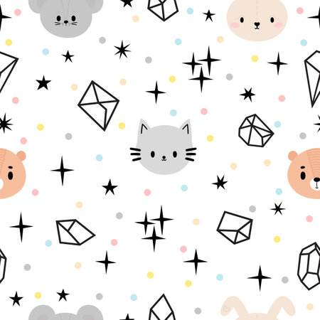 Scandinavian tribal seamless pattern with cute animals. Creative baby texture for nursery, fabric, textile, clothes. White background. Vector illustrationのイラスト素材
