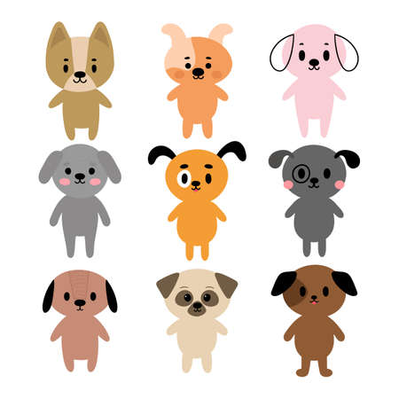 Adorable dogs. Set of cute cartoon animals. Fits for designing baby clothes. Hand drawn smiling characters. Happy animal. Vector illustrationのイラスト素材