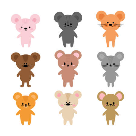 Adorable mouses. Set of cute cartoon animals. Fits for designing baby clothes. Hand drawn smiling characters. Happy animal. Vector illustrationのイラスト素材