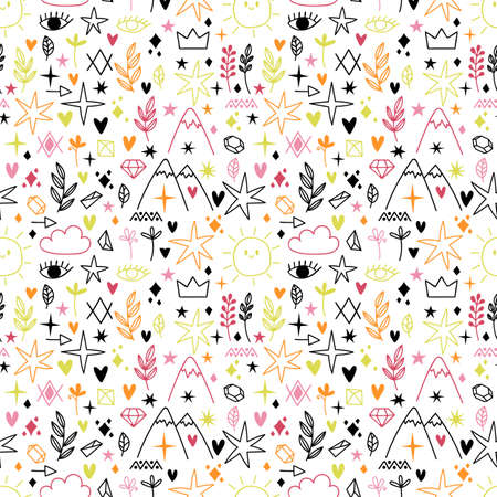 Seamless pattern with sketch design elements. Scandinavian style. Hand drawn doodles. Tattoo samples. Vector illustrationのイラスト素材