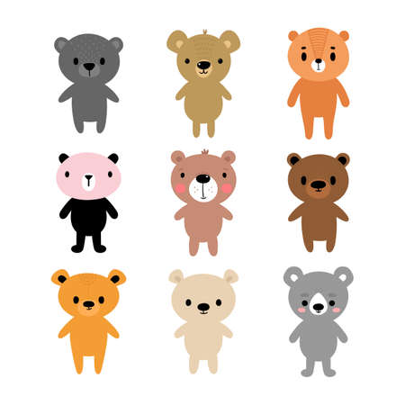 Adorable bears. Set of cute cartoon animals. Fits for designing baby clothes. Hand drawn smiling characters. Happy animal. Vector illustrationのイラスト素材