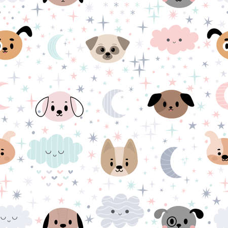 Cute seamless pattern for kids with cartoon little dogs. Children background with moon, stars, puppies and clouds. Lovely animals. Vector illustrationのイラスト素材
