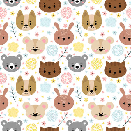 Childish seamless pattern with cute smiley animals. Creative baby texture for nursery, fabric, textile, clothes. Floral background. Vector illustrationのイラスト素材
