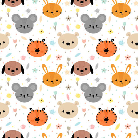 Childish seamless pattern with cute smiley animals. Creative baby texture for fabric, nursery, textile, clothes. Funny floral background. Vector illustrationのイラスト素材