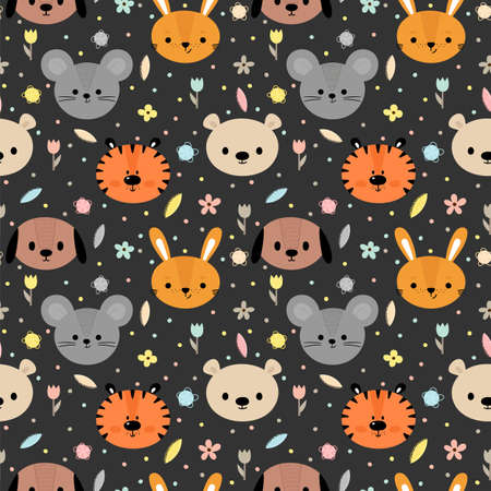 Childish seamless pattern with cute smiley animals. Floral background. Creative baby texture for fabric, nursery, textile, clothes. Vector illustrationのイラスト素材