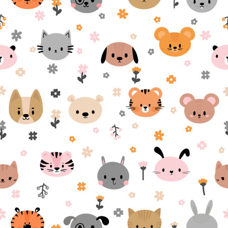 Seamless childish pattern with cute smiley animal faces. Creative baby texture for fabric, nursery, textile. Flat design. Vector illustrationのイラスト素材