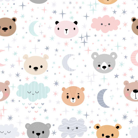 Cute seamless pattern for kids with cartoon little bears. Children background with moon, stars and clouds. Lovely animals. Vector illustrationのイラスト素材