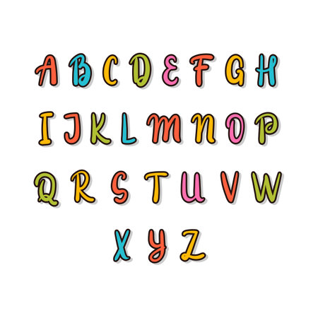 Hand drawn alphabet. Colorful font. Cute elements for your design. Use it for create greeting cards, poster, birthday party, t-shirts, invitation. Vector illustrationのイラスト素材