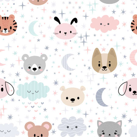 Cute seamless pattern for kids with cartoon little animals. Children background with moon, stars and clouds. Lovely art print. Vector illustrationのイラスト素材