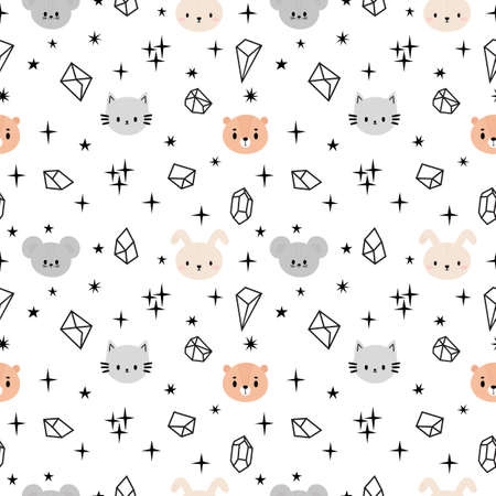 Scandinavian seamless pattern with cute animals. White background. Creative baby texture for nursery, fabric, textile, clothes. Vector illustrationのイラスト素材
