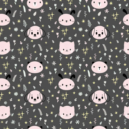 Childish seamless pattern with cute smiley animals. Creative baby texture for fabric, textile, nursery, clothes. Pastel background. Vector illustrationのイラスト素材