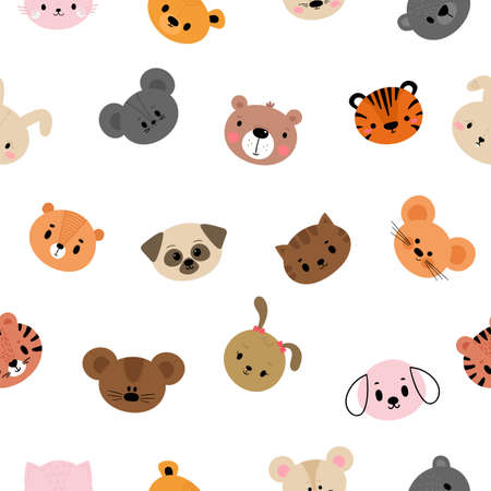 Childish seamless pattern with cute smiley animal faces. Creative baby texture for fabric, nursery, textile, clothes. Sweet flat design. Vector illustrationのイラスト素材