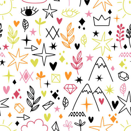 Cute seamless pattern with sketch design elements. Tattoo samples. Scandinavian style. Hand drawn doodles. Vector illustrationのイラスト素材