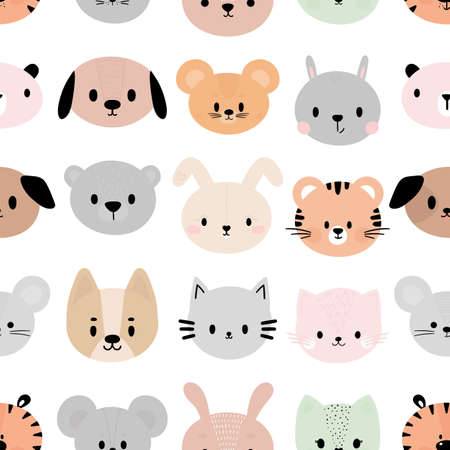 Childish seamless pattern with cute smiley faces. Cute animals. Creative baby texture for fabric, nursery, textile, clothes. Vector illustrationのイラスト素材