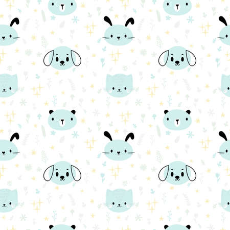 Childish seamless pattern with cute smiley animals. Pastel background for baby boys. Creative baby texture for fabric, nursery, textile, clothes. Vector illustrationのイラスト素材