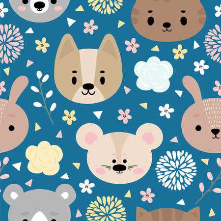 Childish seamless pattern with cute smiley animals. Floral background. Creative baby texture for nursery, fabric, textile, clothes. Vector illustrationのイラスト素材