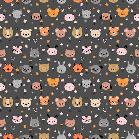Childish seamless pattern with cute smiley animal faces. Creative baby texture for fabric, nursery, textile, clothes. Flat design. Vector illustrationのイラスト素材