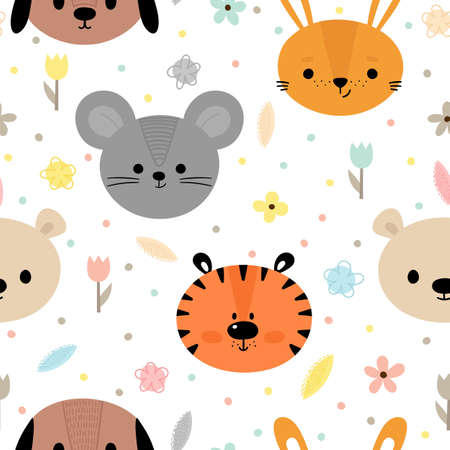 Childish seamless pattern with cute smiley animals. Creative baby texture for fabric, nursery, textile, clothes. Floral background. Vector illustrationのイラスト素材