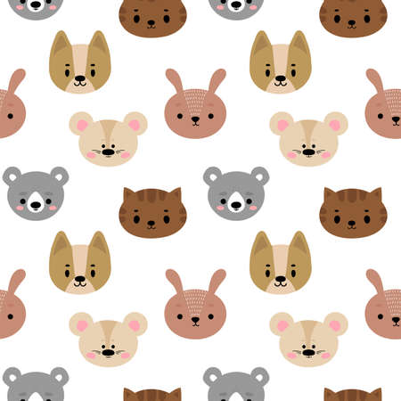 Childish seamless pattern with cute smiley animals. Creative baby texture for nursery, fabric, textile, clothes. White background. Vector illustrationのイラスト素材