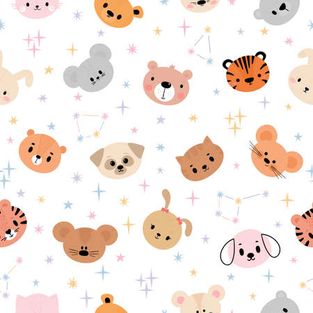 Childish seamless pattern with cute smiley animal faces. Space background. Creative baby texture for fabric, nursery, textile, clothes. Flat design. Vector illustrationのイラスト素材