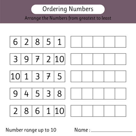 Ordering numbers worksheet. Arrange the numbers from greatest to least. Mathematics. Number range up to 10. Vector illustrationのイラスト素材