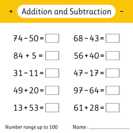 Addition and Subtraction. Number range up to 100. Math worksheet for kids. Developing numeracy skills. Solve examples. Mathematics. Vector illustrationのイラスト素材