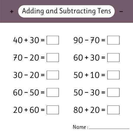 Adding and Subtracting Tens. School education. Development of logical thinking. Mathematics. Math worksheets for kids. Vector illustrationのイラスト素材