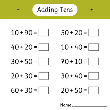 Adding Tens. School education. Mathematics. Development of logical thinking. Math worksheets for kids. Vector illustrationのイラスト素材
