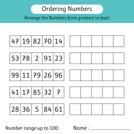 Ordering numbers worksheet. Arrange the numbers from greatest to least. Mathematics. Number range up to 100. Vector illustrationのイラスト素材