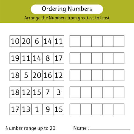 Ordering numbers worksheet. Arrange the numbers from greatest to least. Mathematics. Number range up to 20. Vector illustrationのイラスト素材