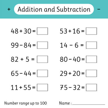 Addition and Subtraction. Number range up to 100. Math worksheet for kids. Mathematics. Solve examples and write. Developing numeracy skills. Vector illustrationのイラスト素材