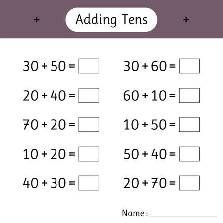 Adding Tens. School education. Math worksheets for kids. Mathematics. Development of logical thinking. Vector illustrationのイラスト素材