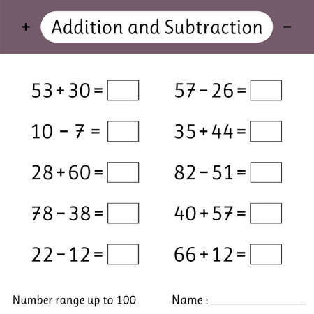Addition and Subtraction. Number range up to 100. Math worksheet for kids. Mathematics. Solve examples. Developing numeracy skills. Vector illustrationのイラスト素材