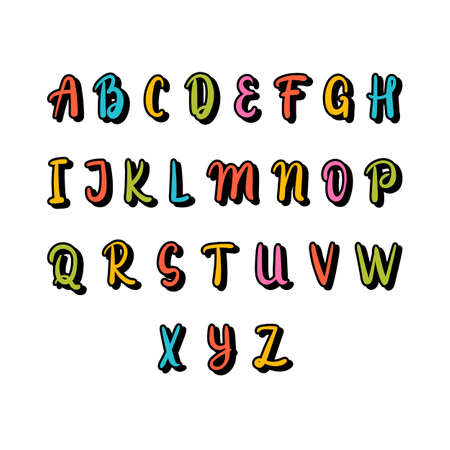 Hand drawn alphabet. Colorful font. Cute elements for your design. Use it for create greeting cards, poster, birthday party, invitations. Vector illustrationのイラスト素材