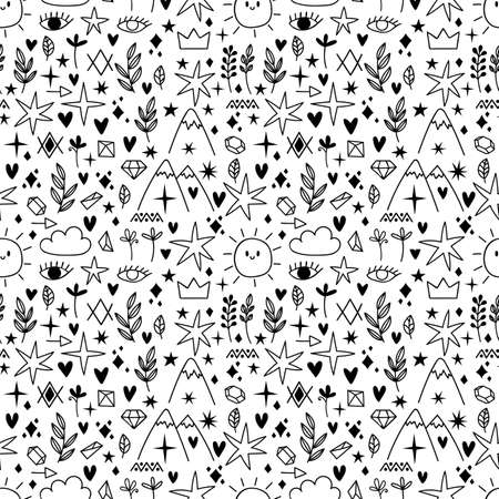 Seamless pattern with sketch design elements. Tattoo samples. Scandinavian style. Hand drawn doodles. Vector illustrationのイラスト素材