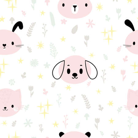 Childish seamless pattern with cute smiley animals. Pastel background. Creative baby texture for fabric, nursery, textile, clothes. Vector illustrationのイラスト素材