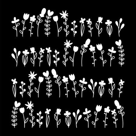 Big set of flowers. Hand drawn botanical floral elements. Black and white style. Decorative design. Vector illustrationのイラスト素材
