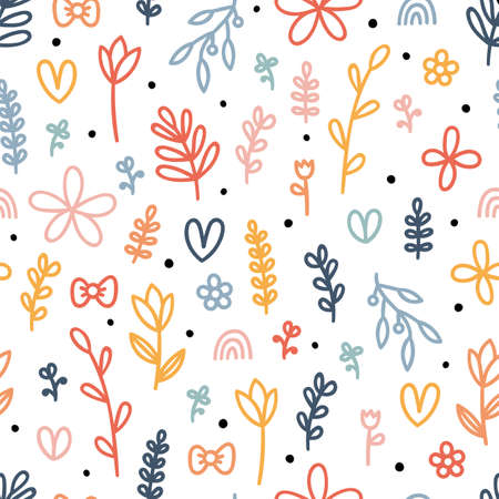 Hand drawn floral seamless pattern. Cute background with colored flowers and leaves. Scandinavian style. Simple graphic design. Vector illustrationのイラスト素材