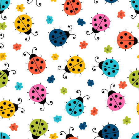 Hand drawn seamless pattern with cute ladybugs and flowers. Simple graphic design. Scandinavian style. Lovely background. Vector illustrationのイラスト素材