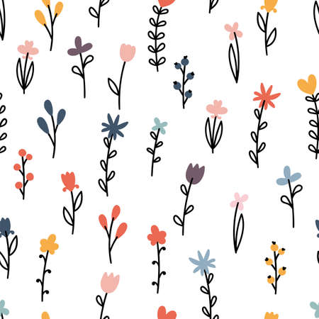 Cute floral seamless pattern. Hand drawn botanical elements. Background with flowers. Scandinavian trendy print. Vector illustrationのイラスト素材