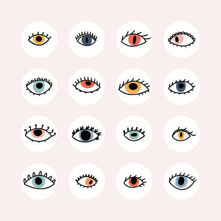 Set of hand drawn colorful eyes. Evil eye, magic, witchcraft, talismans. Tattoo. Flat design. Vector illustrationのイラスト素材