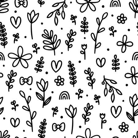 Hand drawn floral seamless pattern. Cute background with flowers and leaves. Scandinavian style. Simple graphic design. Vector illustrationのイラスト素材