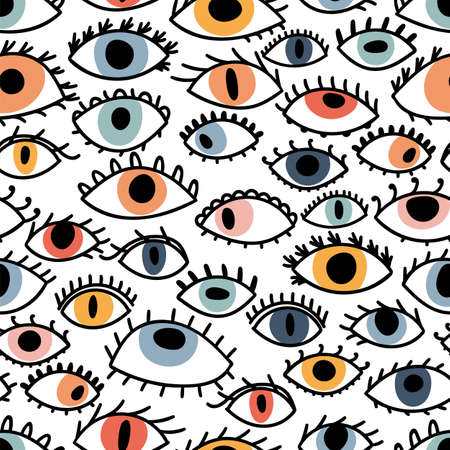 Seamless pattern with hand drawn colorful eyes. Stylish background. Fashion style. Evil eye, magic, witchcraft. Vector illustrationのイラスト素材