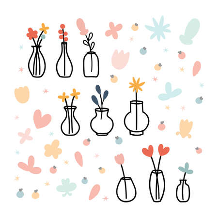 Collection of hand drawn floral vases with flowers. Decorative elements for your design. Vector illustrationのイラスト素材