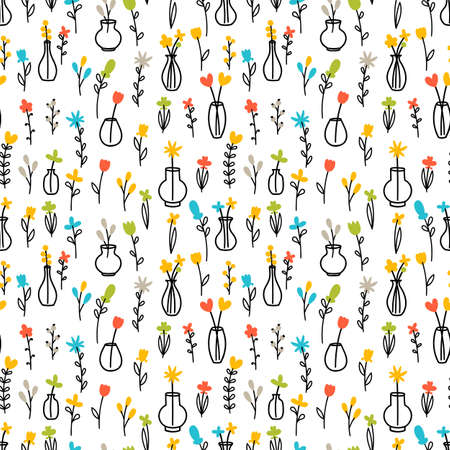Cute floral seamless pattern. Scandinavian trendy print. Hand drawn botanical elements with vases. Background with flowers. Vector illustrationのイラスト素材