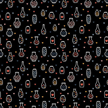 Hand drawn seamless pattern with vases and hearts. Scandinavian design. Bottles, pots. Sketch style. Vector illustrationのイラスト素材