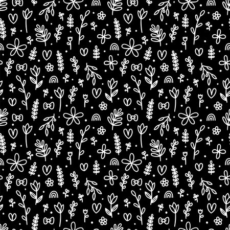 Hand drawn floral seamless pattern. Cute flowers and leaves on black background. Scandinavian style. Simple graphic design. Vector illustrationのイラスト素材