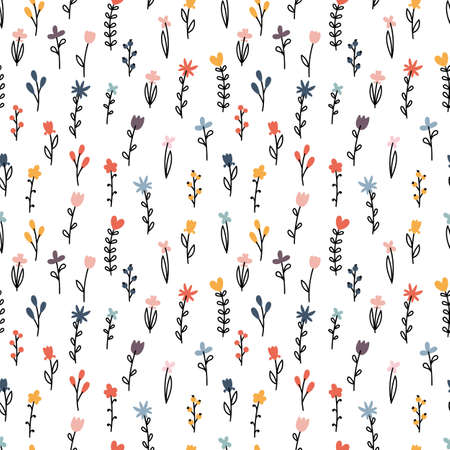 Cute floral seamless pattern. Background with flowers. Hand drawn botanical elements. Scandinavian trendy print. Vector illustrationのイラスト素材