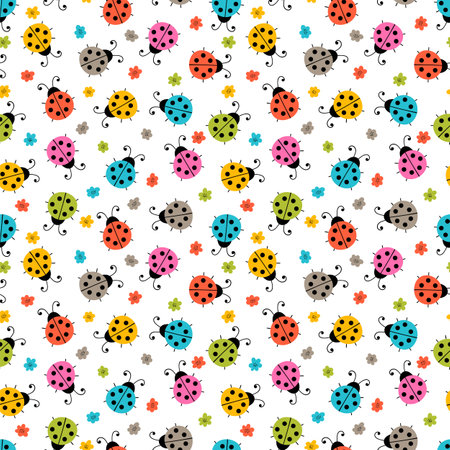 Hand drawn seamless pattern with cute ladybugs and flowers. Simple graphic design. Lovely background. Scandinavian style. Vector illustrationのイラスト素材